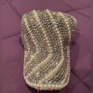 CG New York denim cap with pearls and rhinestones
